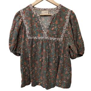 Universal Thread Floral Print Puff Sleeve Blouse Peasant‎ Cottage Linen Blend